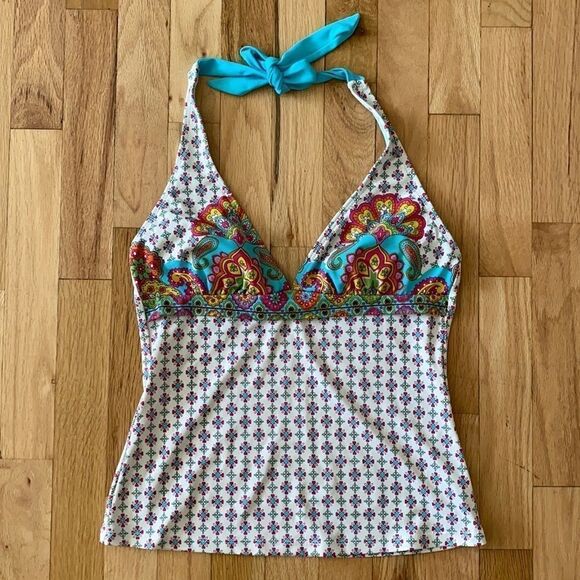 Athleta Floral Halter Top Tie Neck Pink Blue Built In Bra Size Small - Picture 1 of 10
